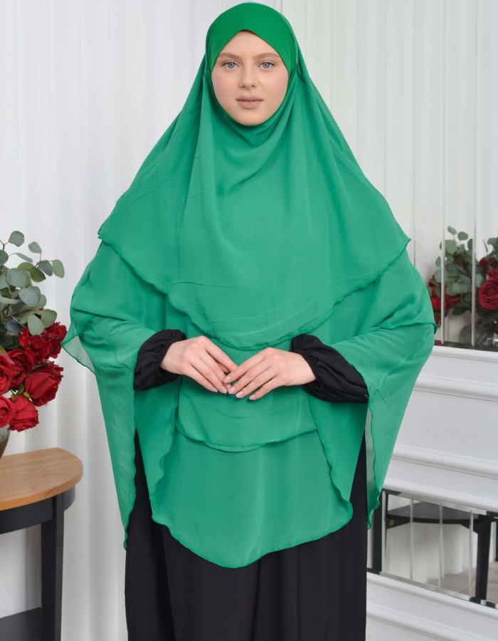 Chiffon Hijab Ready Made Veiled Practical Scarf 3 Layer - Cover Souffle 827 Yeşil