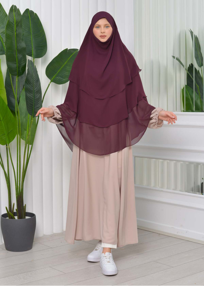 Chiffon Hijab Ready Made Veiled Practical Scarf 3 Layer - Cover Souffle 827 Vişne