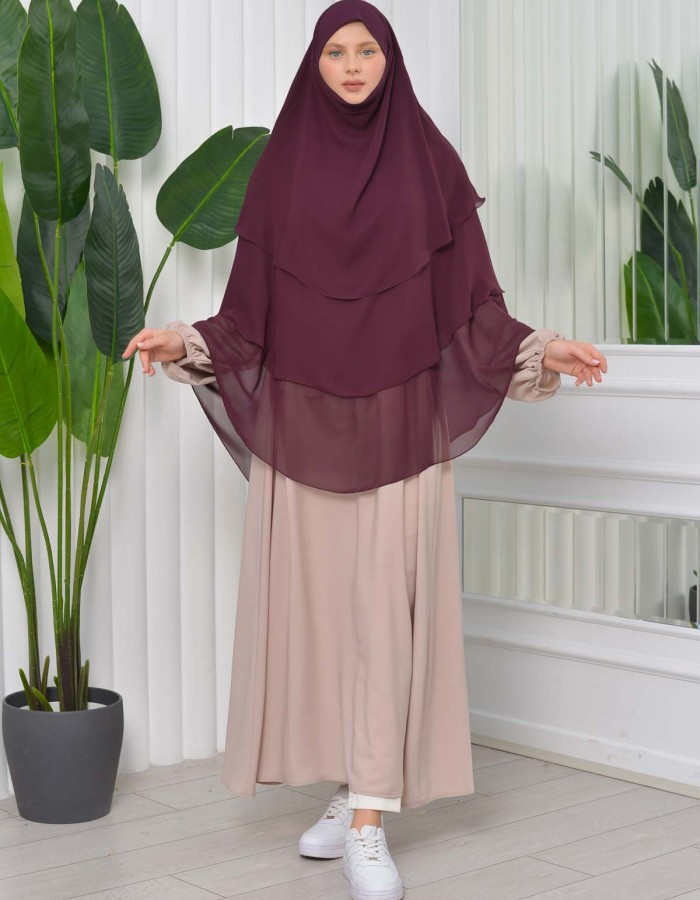 Chiffon Hijab Ready Made Veiled Practical Scarf 3 Layer - Cover Souffle 827 Vişne
