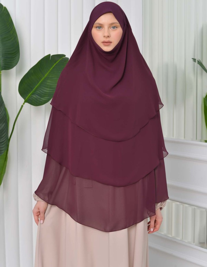 Chiffon Hijab Ready Made Veiled Practical Scarf 3 Layer - Cover Souffle 827 Vişne