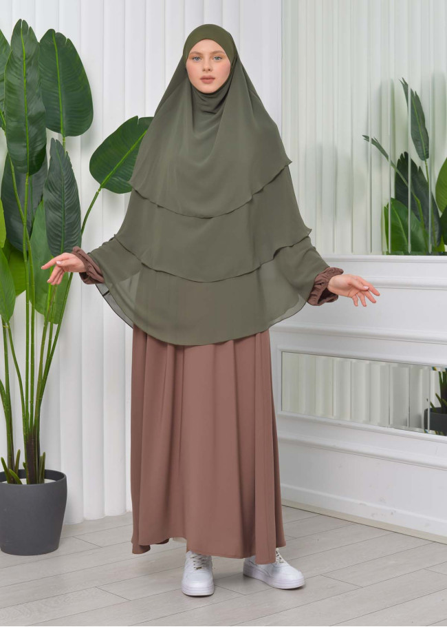 Chiffon Hijab Ready Made Veiled Practical Scarf 3 Layer - Cover Souffle 827 kuyu haki