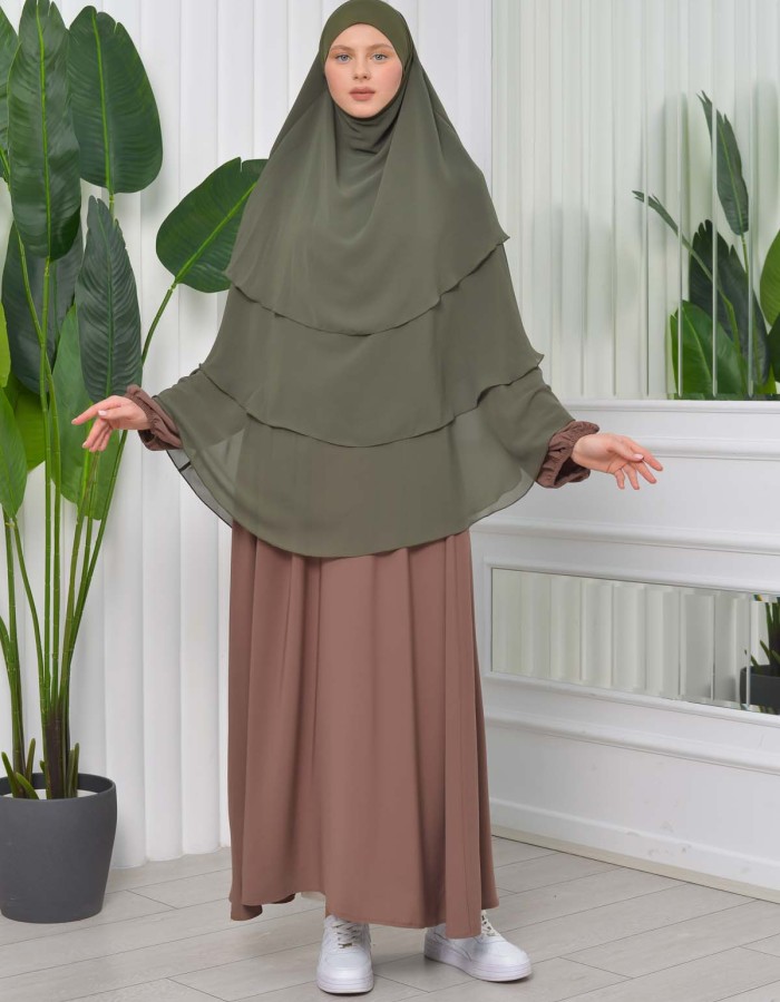 Chiffon Hijab Ready Made Veiled Practical Scarf 3 Layer - Cover Souffle 827 - dark khaki