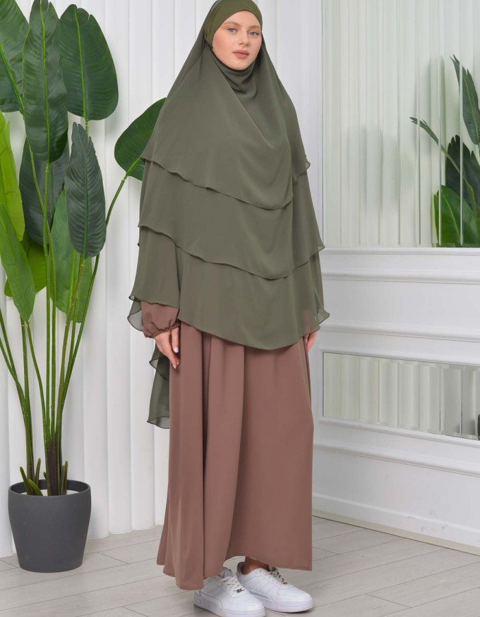 Chiffon Hijab Ready Made Veiled Practical Scarf 3 Layer - Cover Souffle 827 - dark khaki