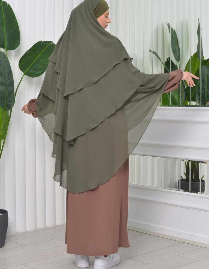 Chiffon Hijab Ready Made Veiled Practical Scarf 3 Layer - Cover Souffle 827 - dark khaki