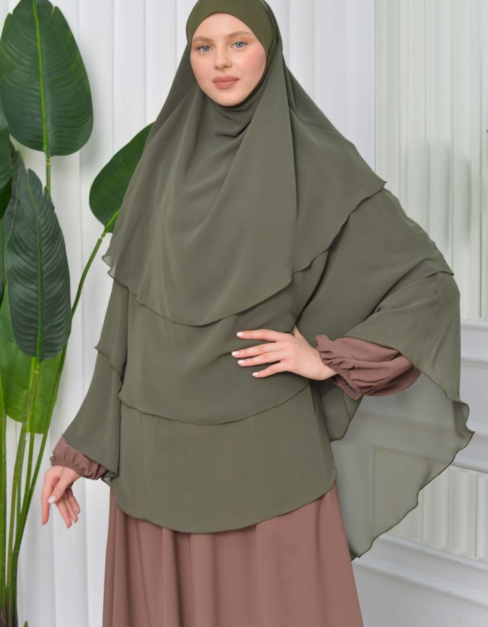 Chiffon Hijab Ready Made Veiled Practical Scarf 3 Layer - Cover Souffle 827 - dark khaki