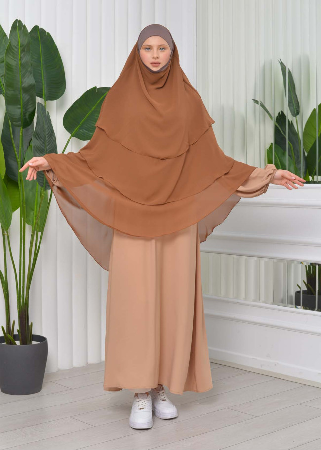 Chiffon Hijab Ready Made Veiled Practical Scarf 3 Layer - Cover Souffle 827 taba