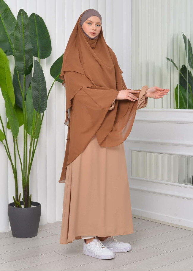 Chiffon Hijab Ready Made Veiled Practical Scarf 3 Layer - Cover Souffle 827 taba