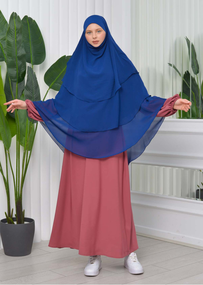 Chiffon Hijab Ready Made Veiled Practical Scarf 3 Layer - Cover Souffle 827 Koyu Lacivert