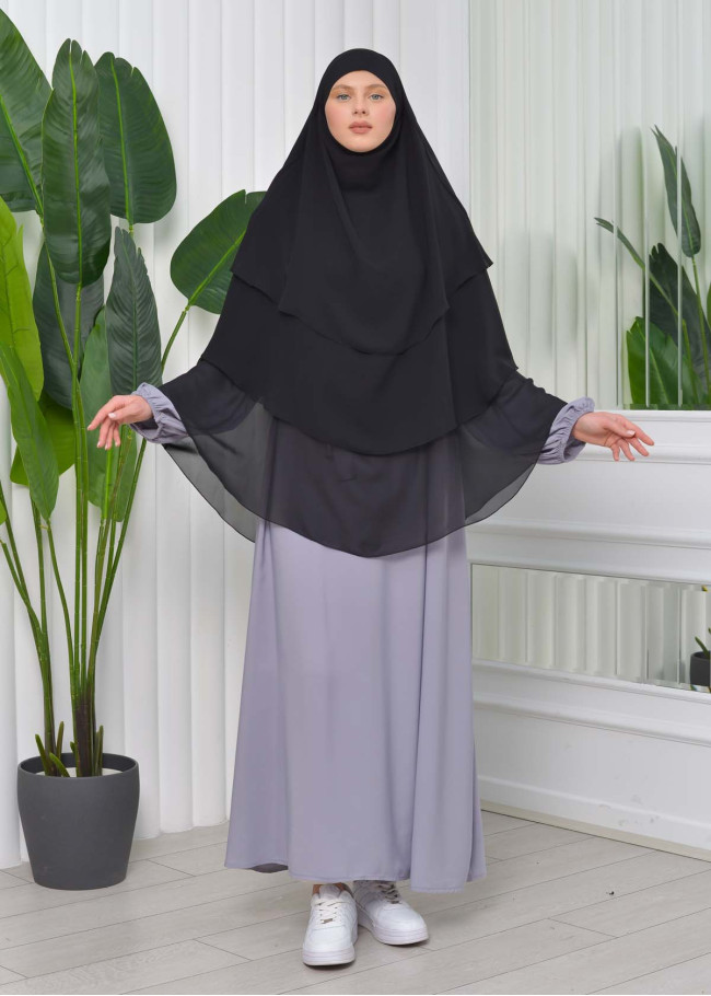 Şifon Şal Hazır Peçeli Pratik Eşarp Tesettür Hijab 3 Katman - Örtüsü Sufle 827 Siyah