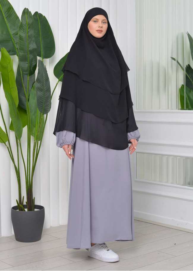 Şifon Şal Hazır Peçeli Pratik Eşarp Tesettür Hijab 3 Katman - Örtüsü Sufle 827 Siyah