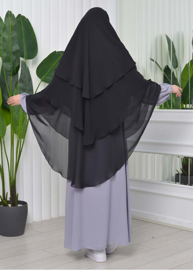 Şifon Şal Hazır Peçeli Pratik Eşarp Tesettür Hijab 3 Katman - Örtüsü Sufle 827 Siyah