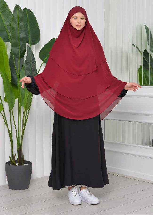 Chiffon Hijab Ready Made Veiled Practical Scarf 3 Layer - Cover Souffle 827 Bordo