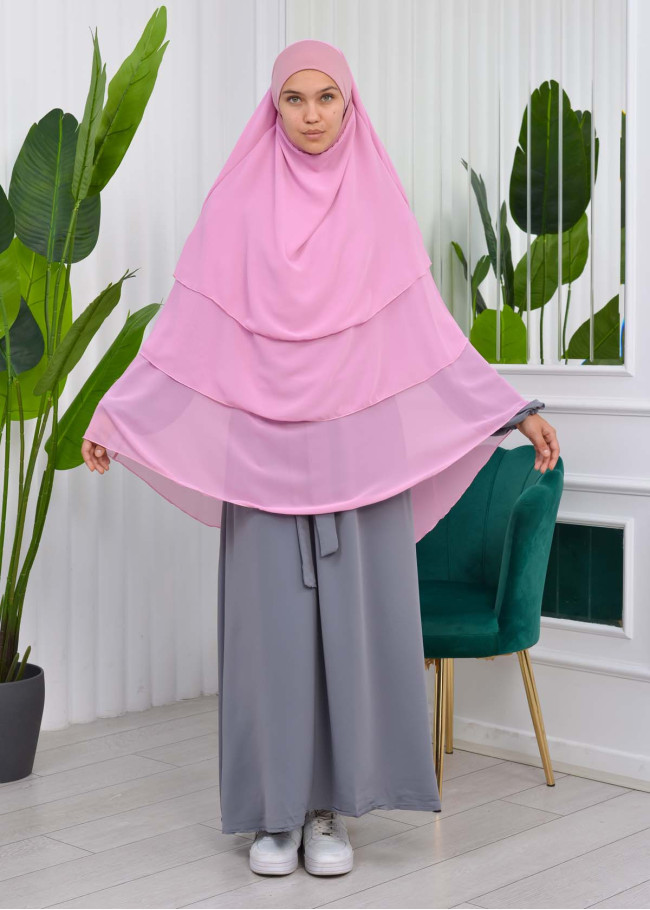 Chiffon Hijab Ready Made Veiled Practical Scarf 3 Layer - Cover Souffle 827 Açık Pembe