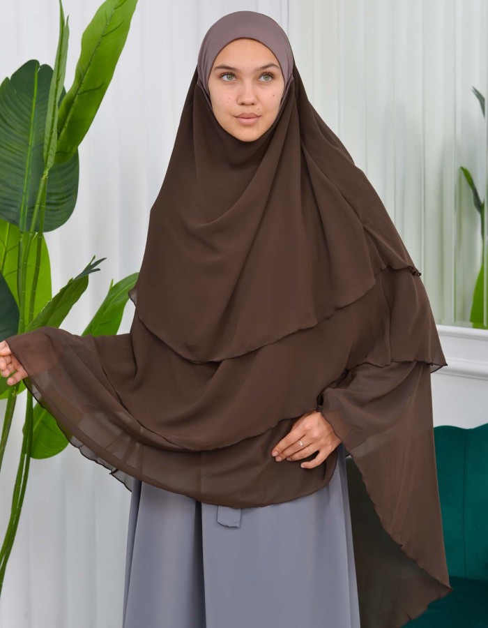 Chiffon Hijab Ready Made Veiled Practical Scarf 3 Layer - Cover Souffle 827 - kuyu kahve rengı