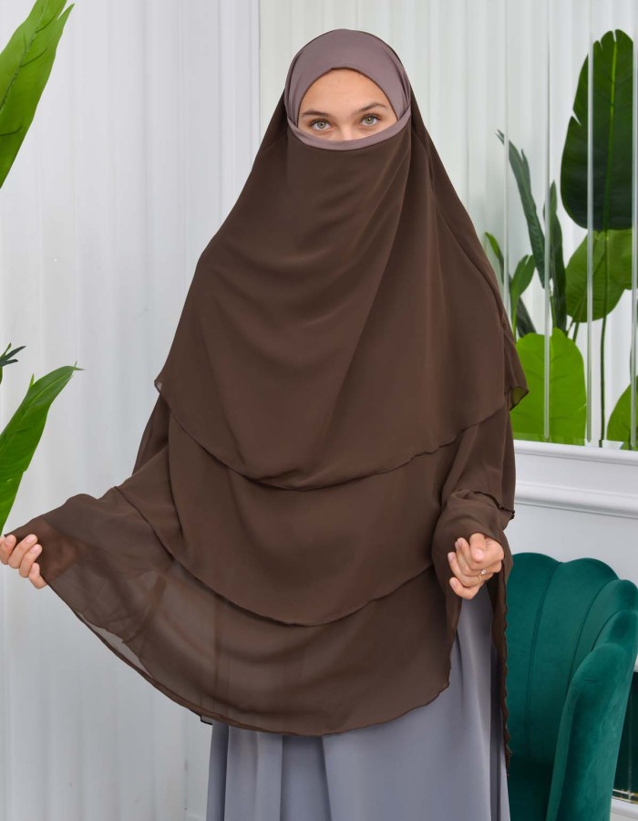 Chiffon Hijab Ready Made Veiled Practical Scarf 3 Layer - Cover Souffle 827 - kuyu kahve rengı