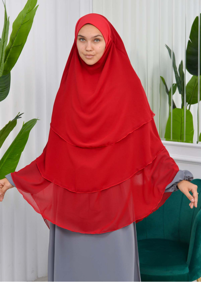 Şifon Şal Hazır Peçeli Pratik Eşarp Tesettür Hijab 3 Katman - Örtüsü Sufle 827 Kırmızı