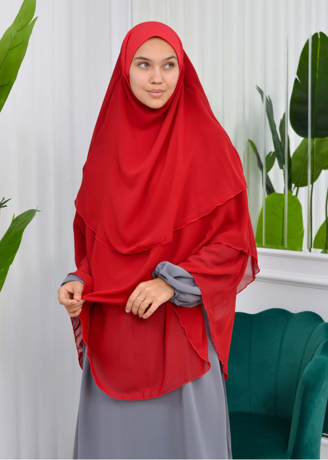 Şifon Şal Hazır Peçeli Pratik Eşarp Tesettür Hijab 3 Katman - Örtüsü Sufle 827 Kırmızı