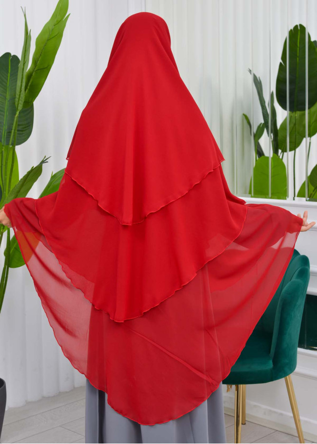 Şifon Şal Hazır Peçeli Pratik Eşarp Tesettür Hijab 3 Katman - Örtüsü Sufle 827 Kırmızı