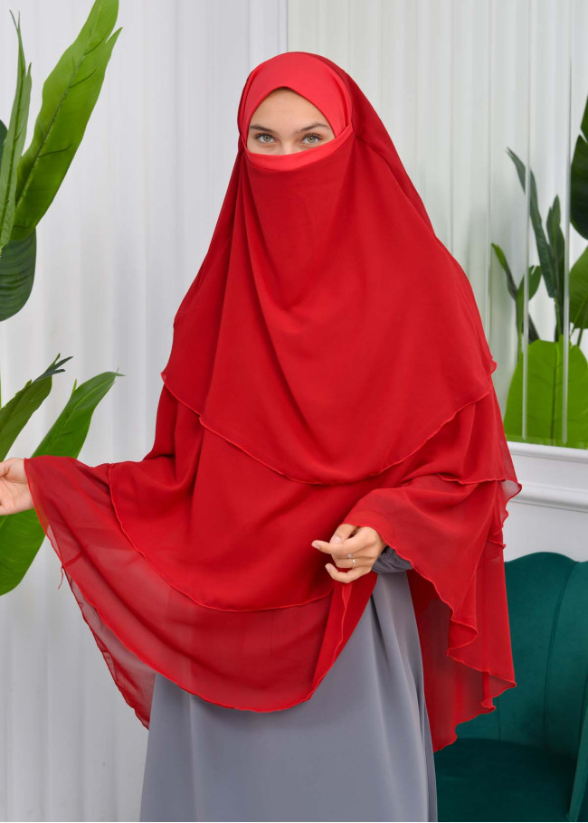 Şifon Şal Hazır Peçeli Pratik Eşarp Tesettür Hijab 3 Katman - Örtüsü Sufle 827 Kırmızı