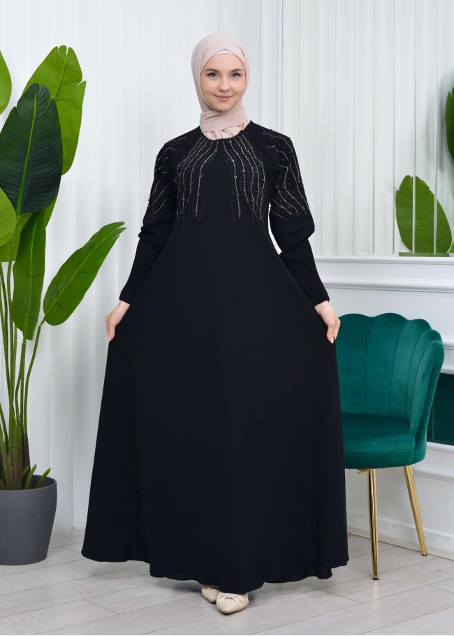 Stone Embroidered Veiling Abaya Evening Dress 634 Siyah