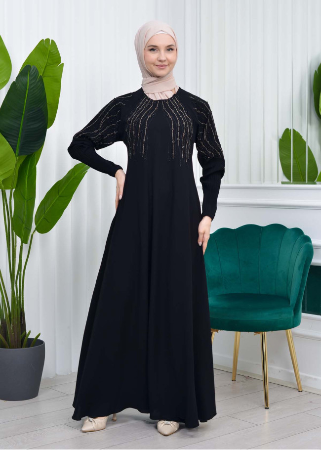 Stone Embroidered Veiling Abaya Evening Dress 634 Siyah