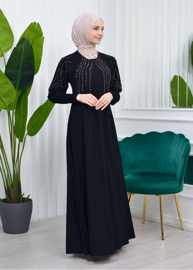 Stone Embroidered Veiling Abaya Evening Dress 634 Siyah