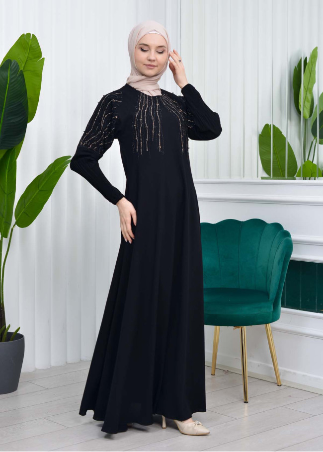 Stone Embroidered Veiling Abaya Evening Dress 634 Siyah