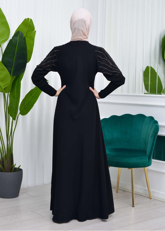 Stone Embroidered Veiling Abaya Evening Dress 634 Siyah