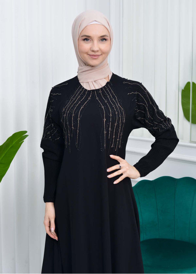 Stone Embroidered Veiling Abaya Evening Dress 634 Siyah