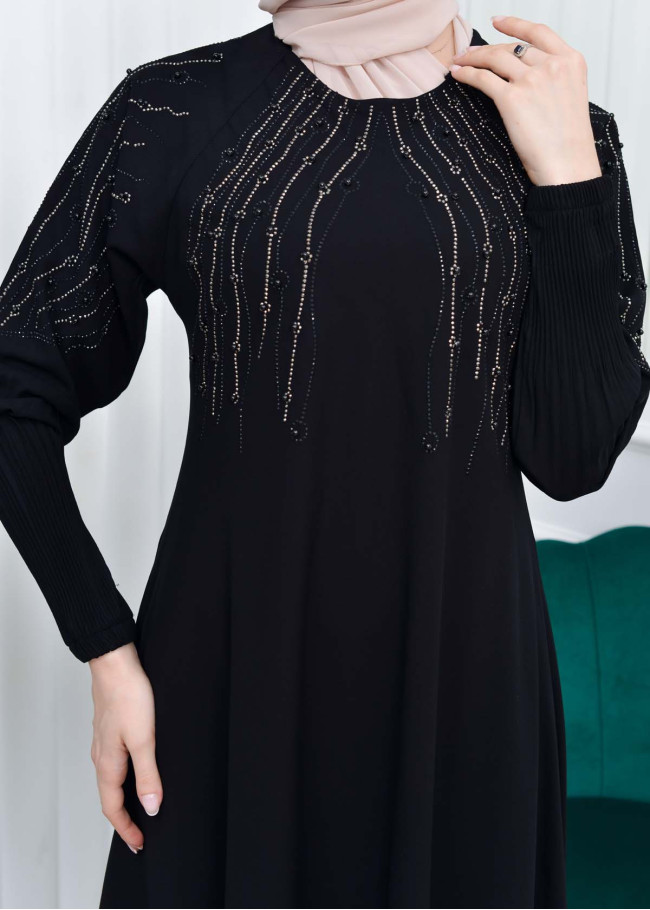 Stone Embroidered Veiling Abaya Evening Dress 634 Siyah