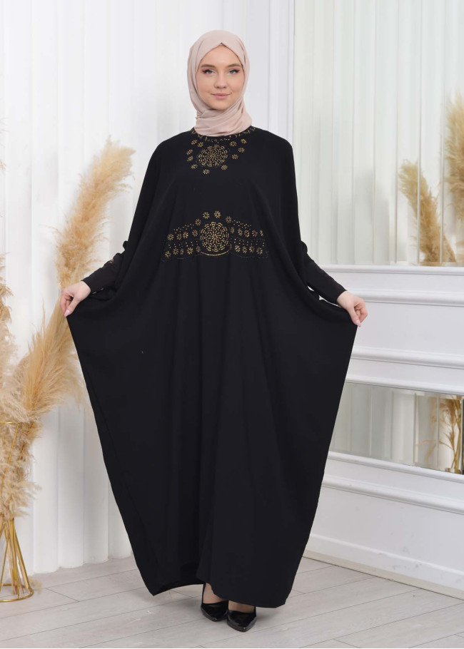 Stone Embroidered Bat Hijab Evening Dress 638 Siyah