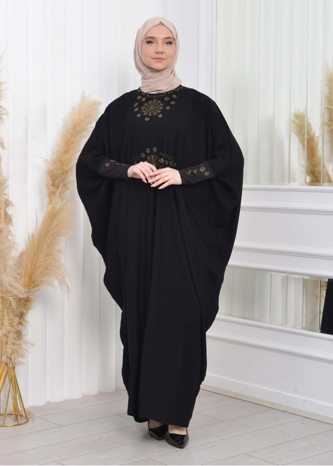 Stone Embroidered Bat Hijab Evening Dress 638 Siyah