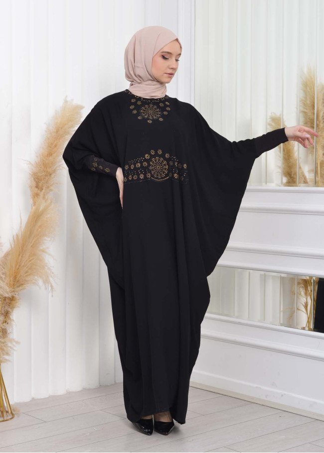 Stone Embroidered Bat Hijab Evening Dress 638 Siyah