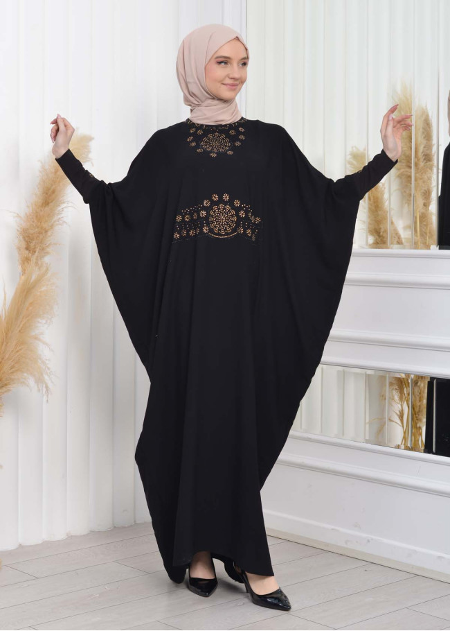 Stone Embroidered Bat Hijab Evening Dress 638 Siyah