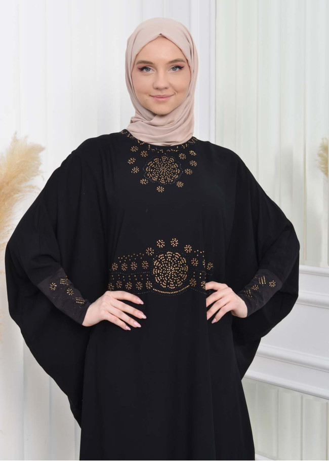 Stone Embroidered Bat Hijab Evening Dress 638 Siyah