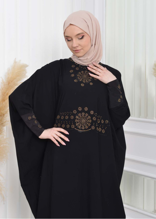 Stone Embroidered Bat Hijab Evening Dress 638 Siyah
