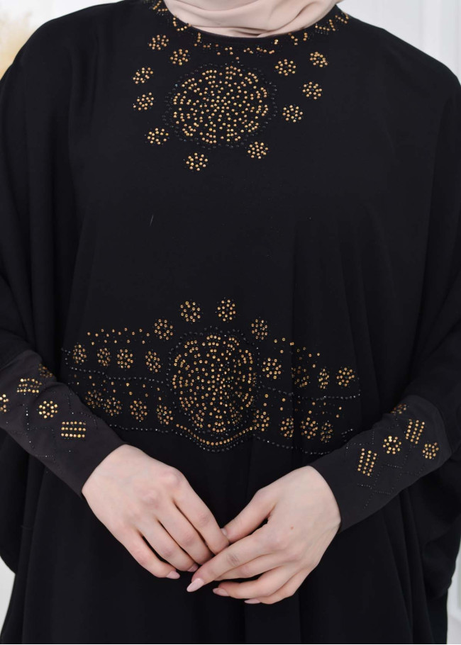 Stone Embroidered Bat Hijab Evening Dress 638 Siyah