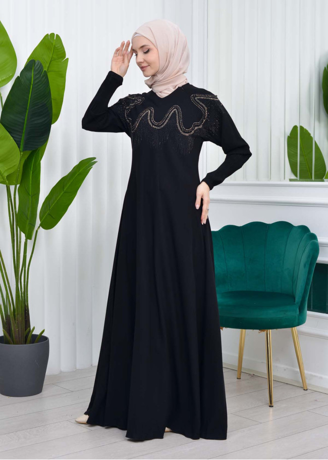 Stone Embroidered Islamic Clothing Evening Dress -Code : 633 - black