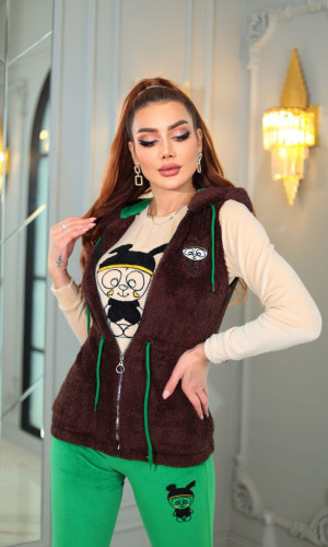 بيجاما نسائية مخمل 4 قطع 1087 - بني