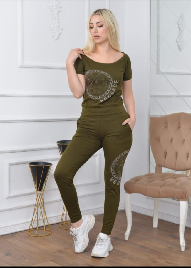T-Shirt Bottom Top Versace Women's Tracksuit Set Crew Neck 2 Pieces - Code 1074 Haki