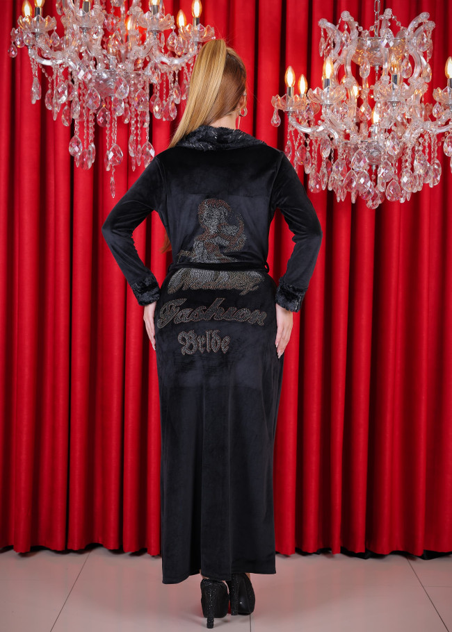 Product Name: Soft Velvet Kimono Set with Fur Details - 7016 - black