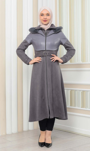 BELT SUEDE TRENCH COAT WITH FUR COLLAR 1351  - gray