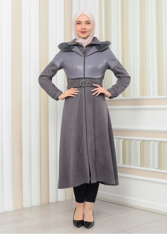 BELT SUEDE TRENCH COAT WITH FUR COLLAR 1351  Gri