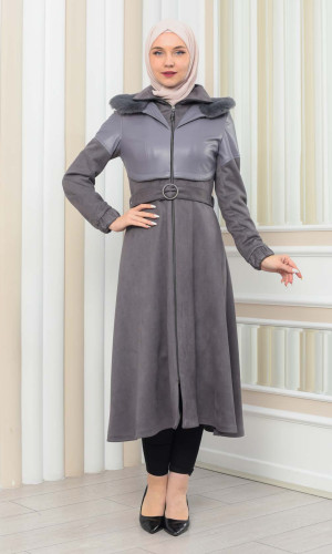 BELT SUEDE TRENCH COAT WITH FUR COLLAR 1351  - gray