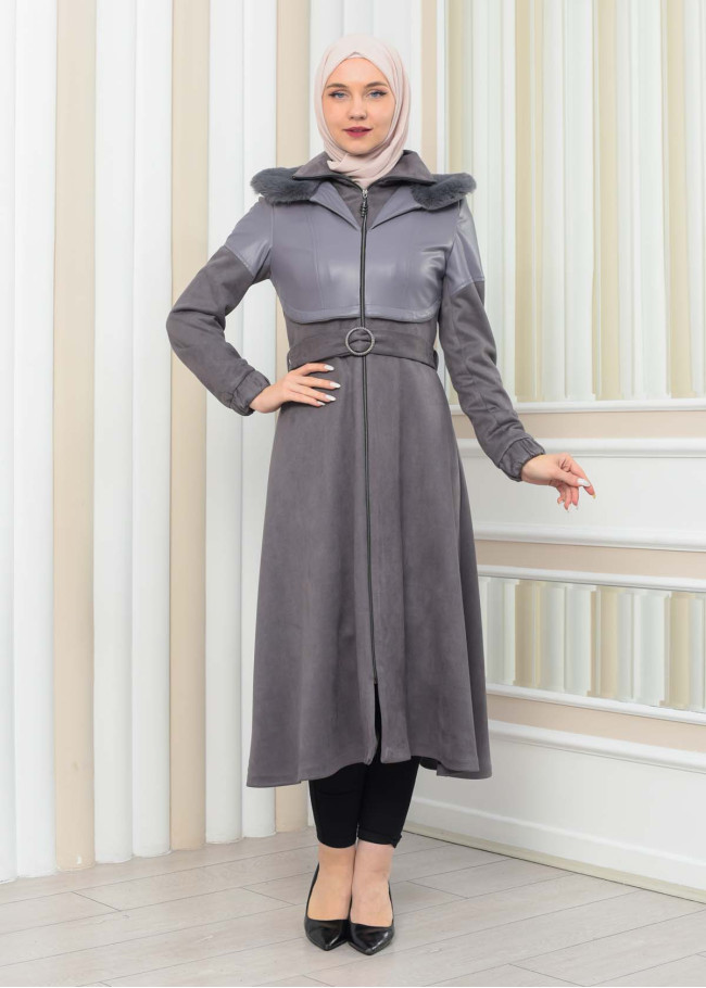 BELT SUEDE TRENCH COAT WITH FUR COLLAR 1351  Gri