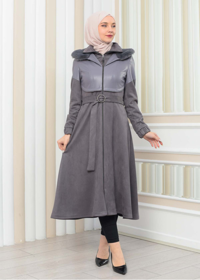 BELT SUEDE TRENCH COAT WITH FUR COLLAR 1351  Gri