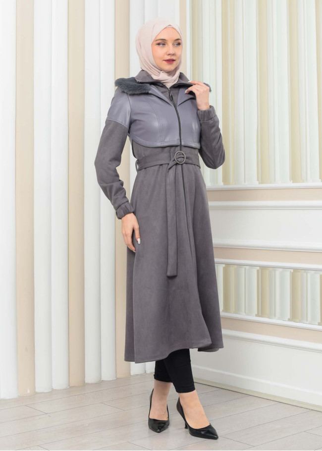 BELT SUEDE TRENCH COAT WITH FUR COLLAR 1351  Gri