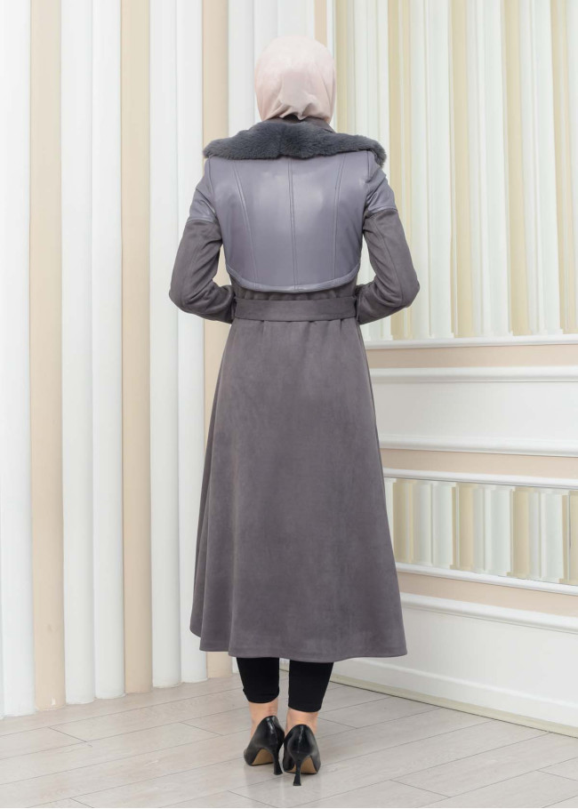 BELT SUEDE TRENCH COAT WITH FUR COLLAR 1351  Gri