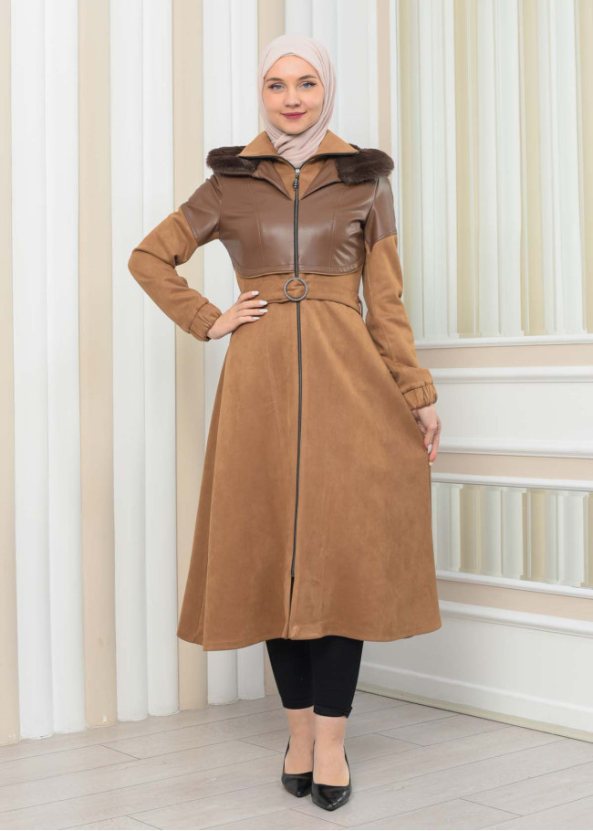 BELT SUEDE TRENCH COAT WITH FUR COLLAR 1351  taba
