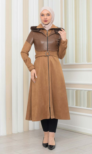 ترانشكوت شاموا نسائي شتوي  ياقة فرو 1351 - ترابي